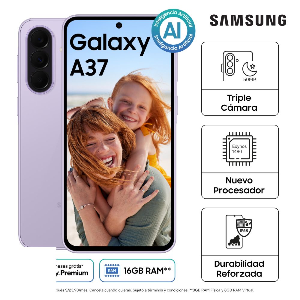 Imagen 2 del producto Celular Samsung Galaxy A37 5G 256GB, 8GB RAM, cámara trasera 50MP y frontal 12MP, 6.7'', violeta
